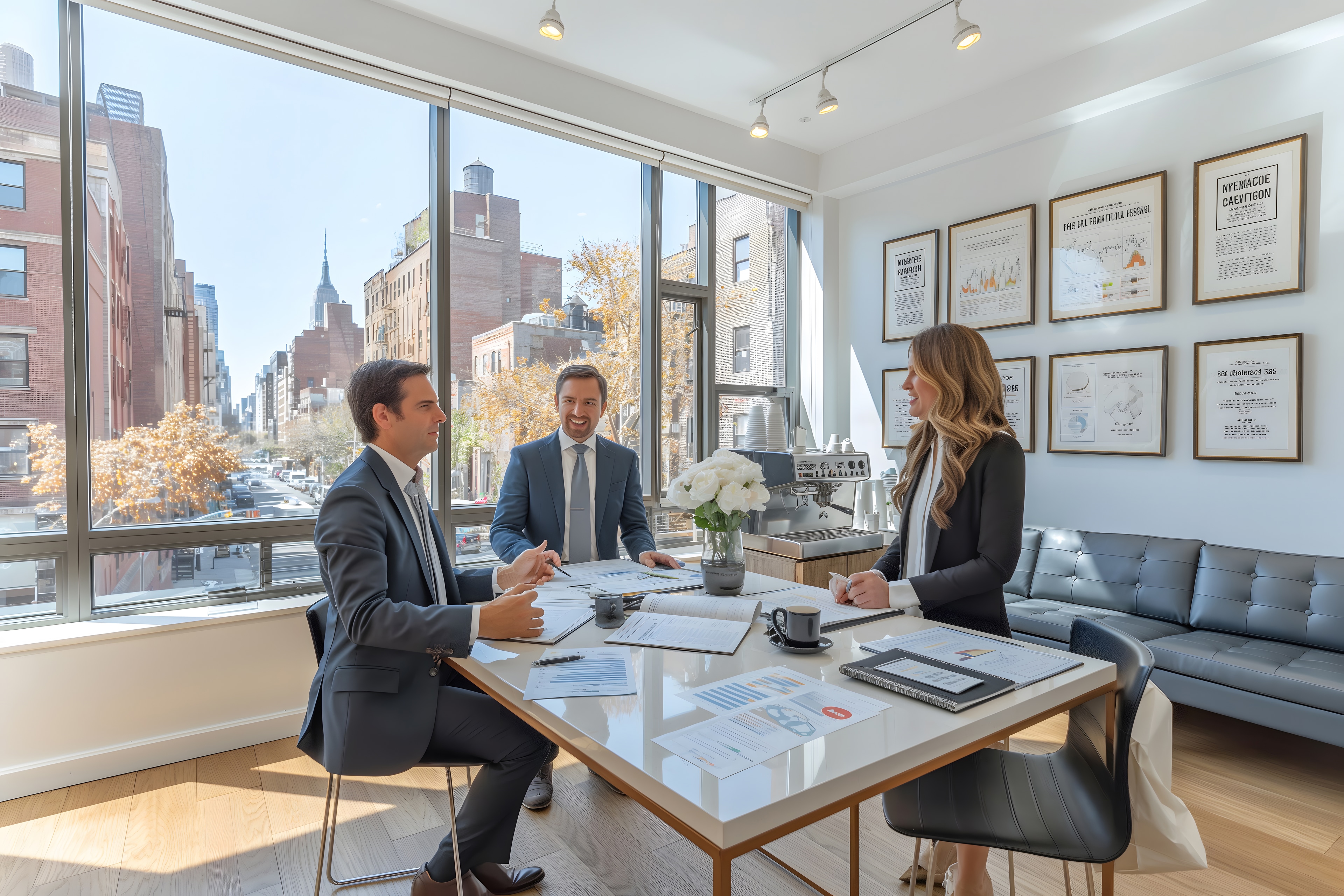 Business professionals discussing leasing strategy in a modern office