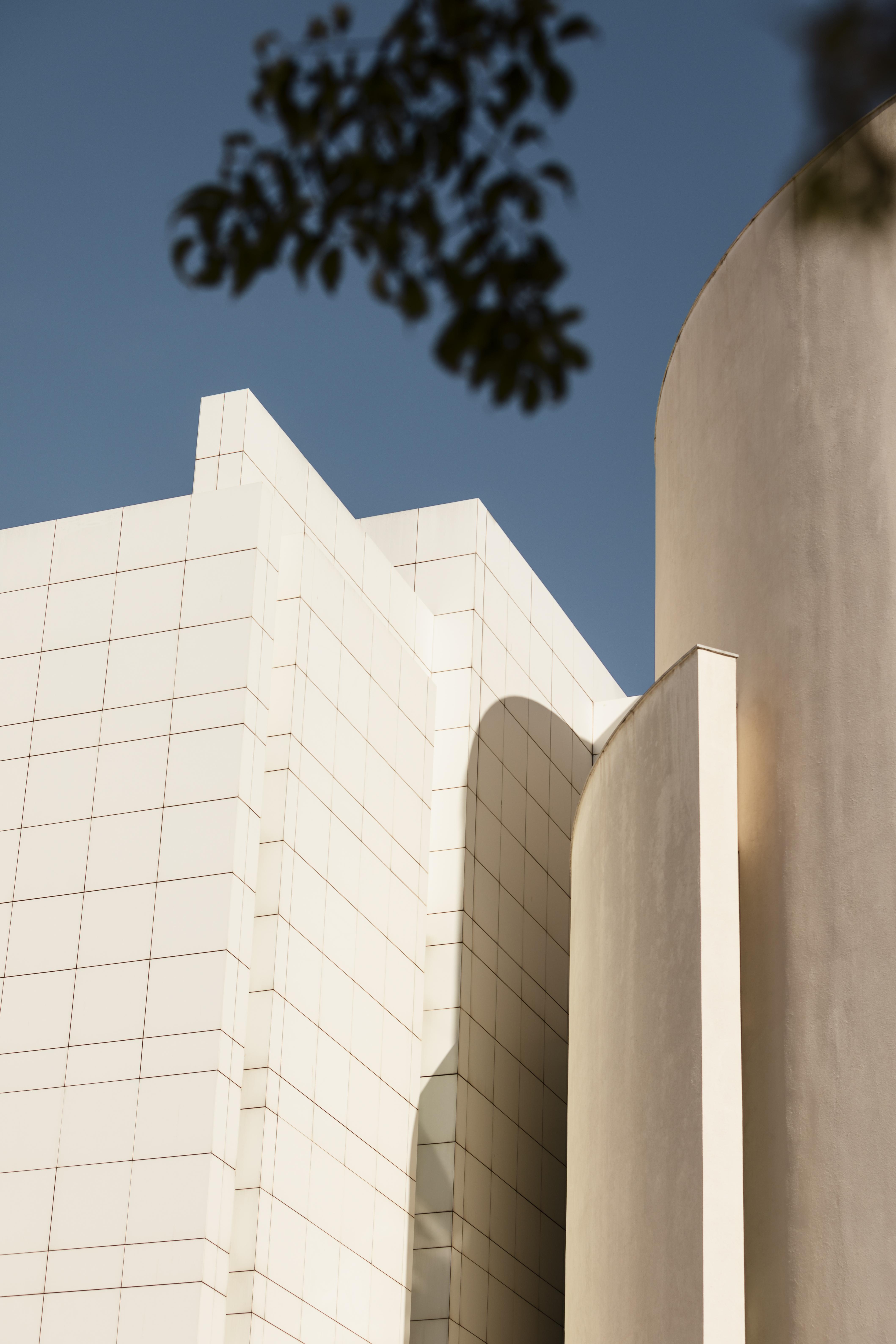 Tiled facade with warm light