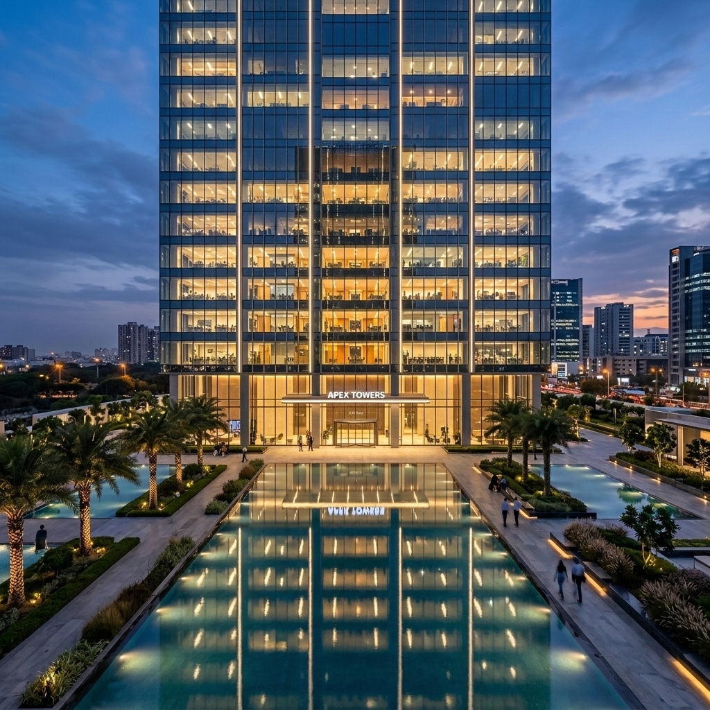 Sleek modern glass office skyscraper exterior corridor at twilight with warm lights and palm trees