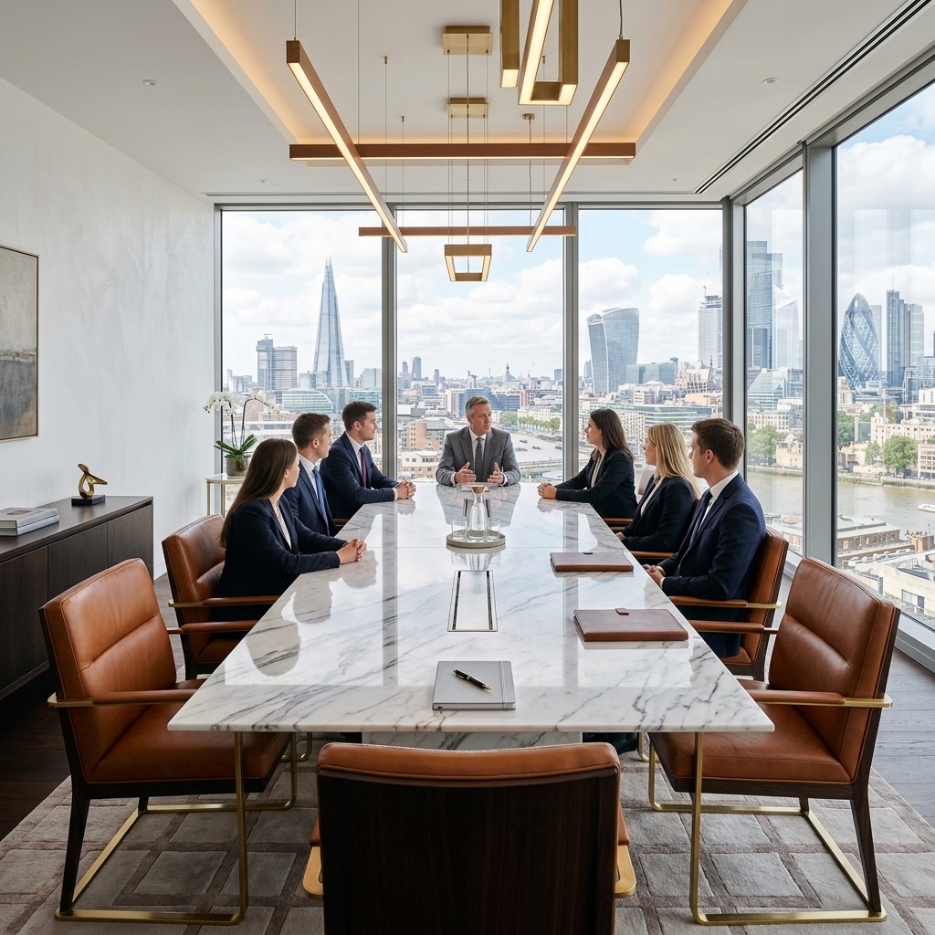 Private wealth advisory consultation boardroom with a calacatta marble desk and elegant leather seating