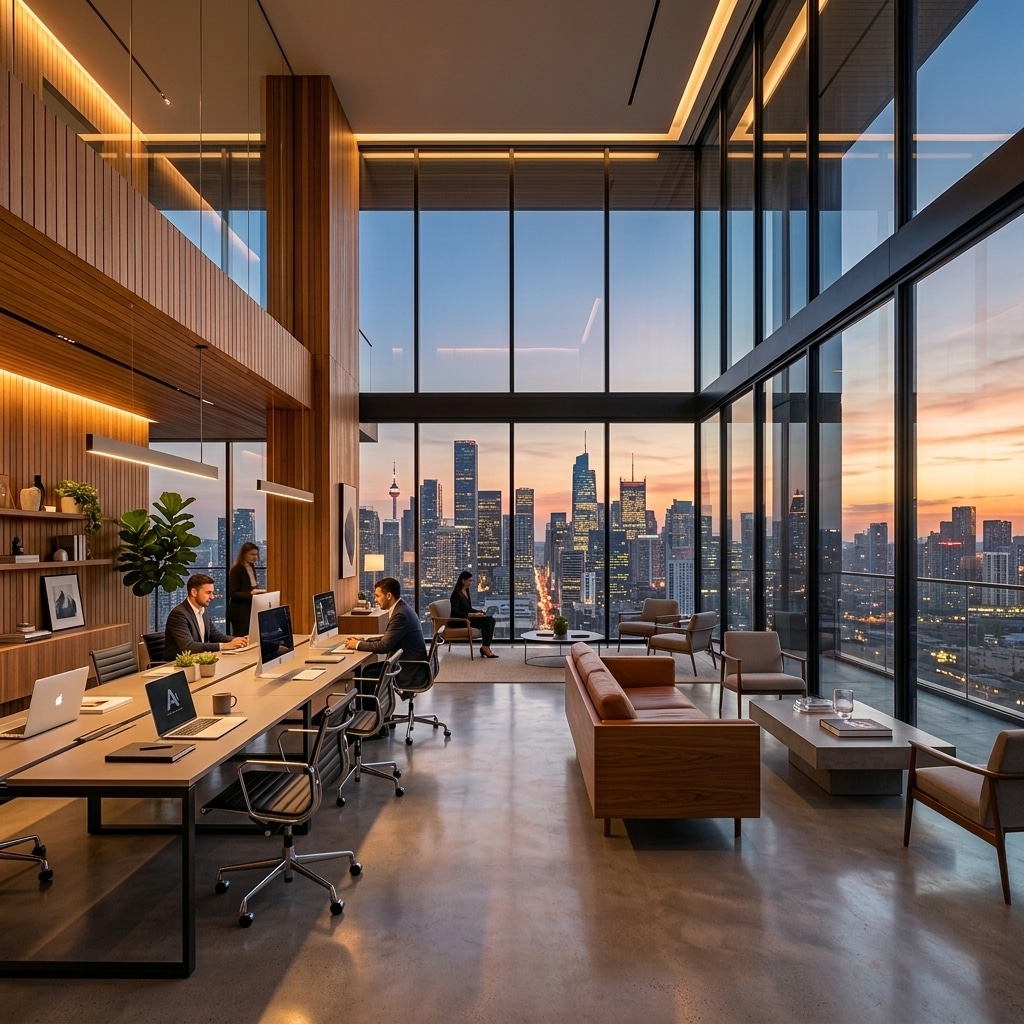Double-height premium luxury office penthouse boardroom looking over a modern cityscape at sunset with teak accents